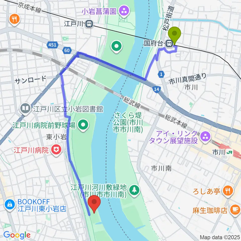 国府台駅から江戸川ラグビー場へのルートマップ地図