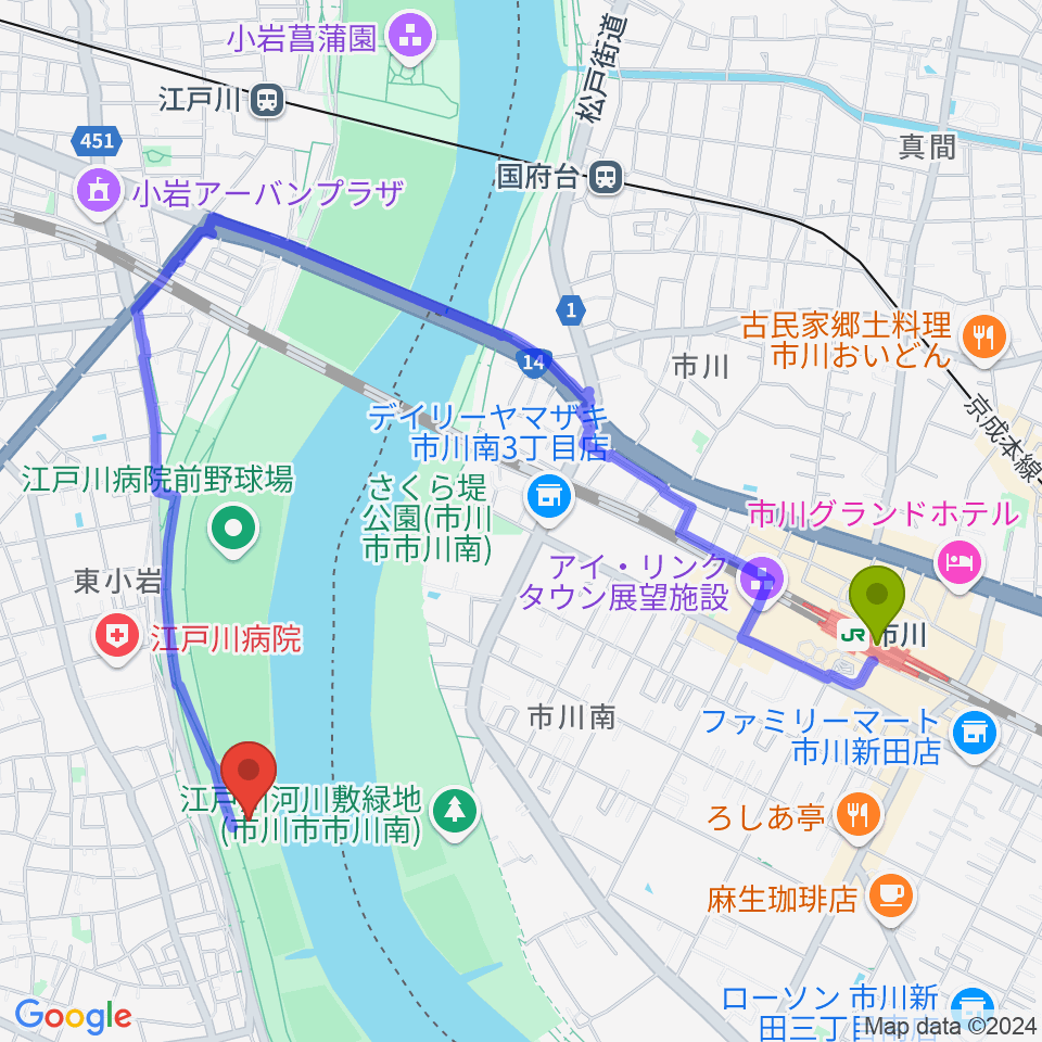 江戸川病院前スポーツ広場の最寄駅市川駅からの徒歩ルート（約19分）地図