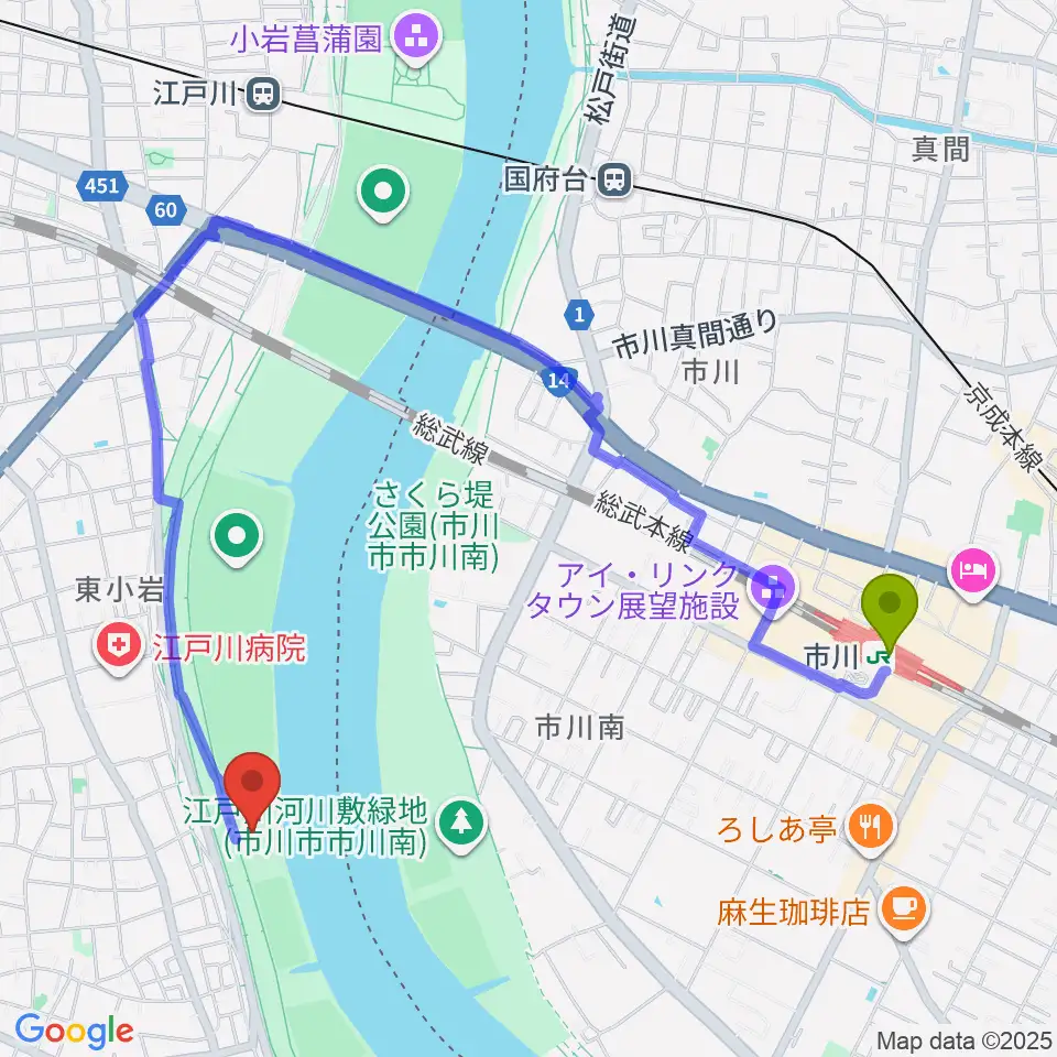 江戸川病院前スポーツ広場の最寄駅市川駅からの徒歩ルート（約19分）地図