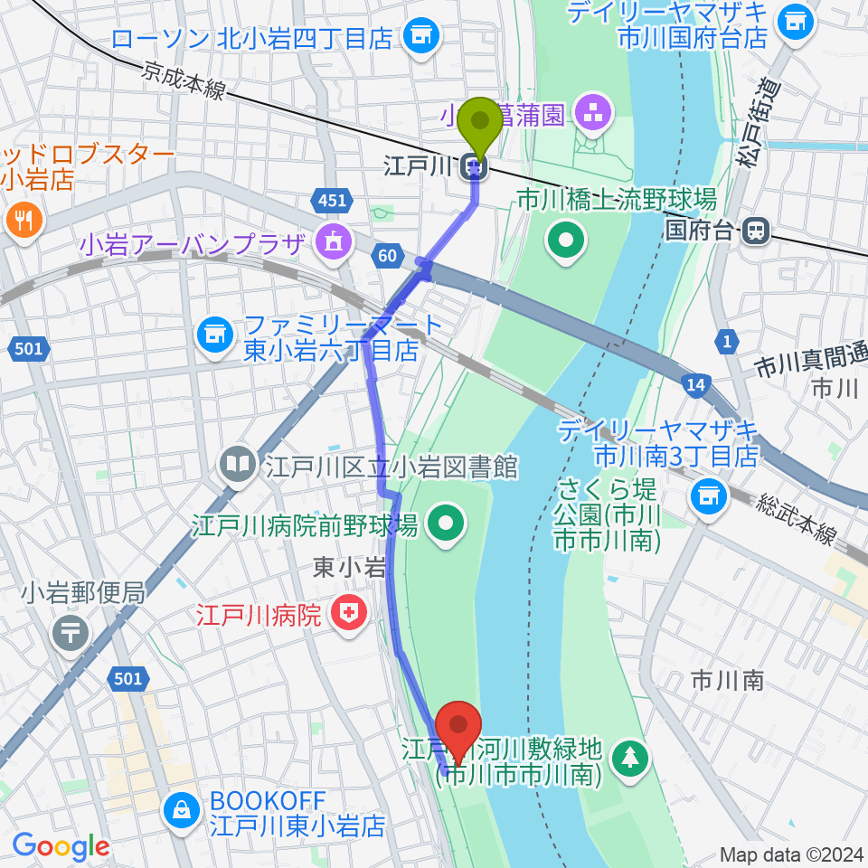 江戸川駅から江戸川病院前スポーツ広場へのルートマップ地図