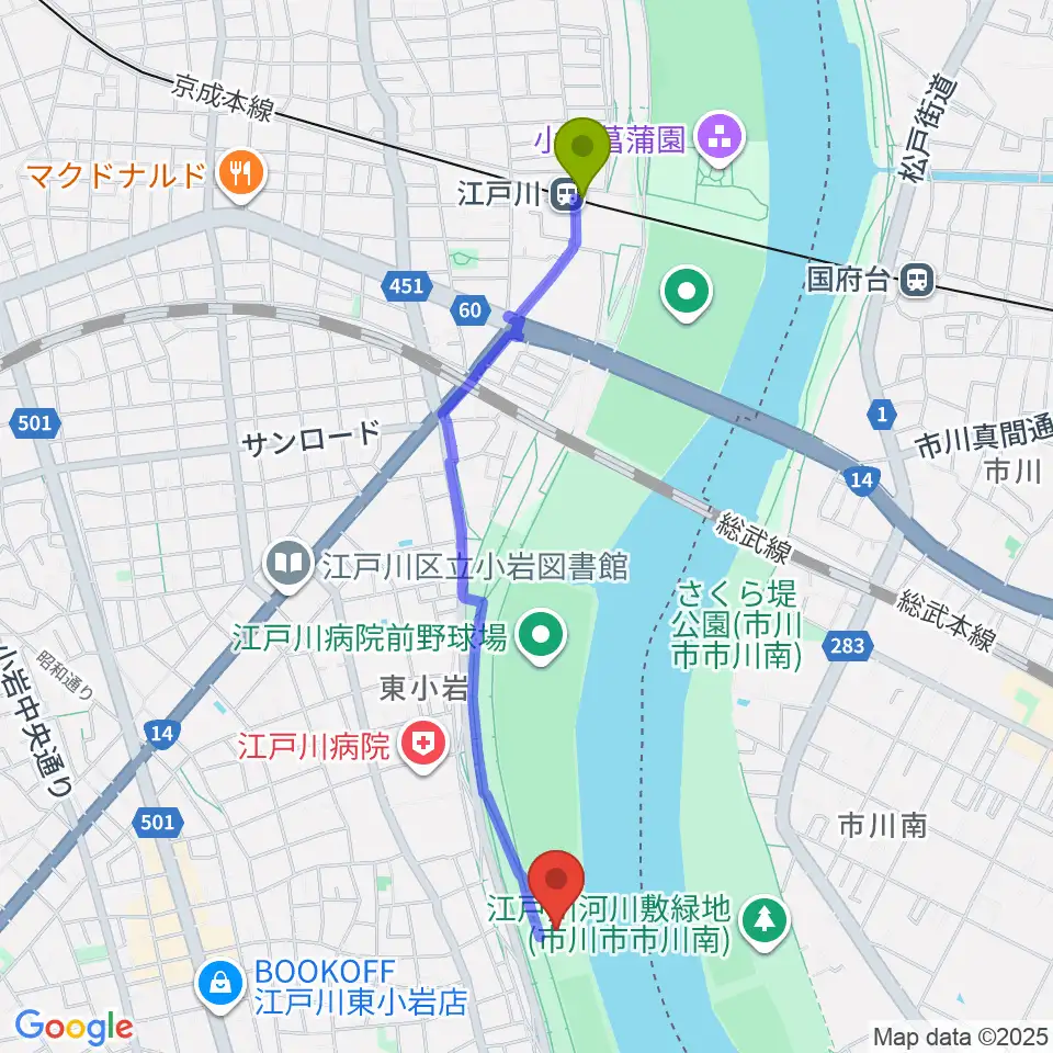 江戸川駅から江戸川病院前スポーツ広場へのルートマップ地図