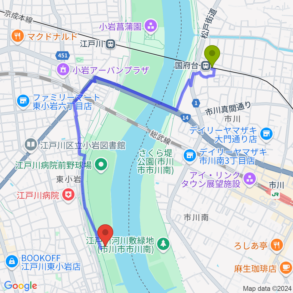 国府台駅から江戸川病院前スポーツ広場へのルートマップ地図