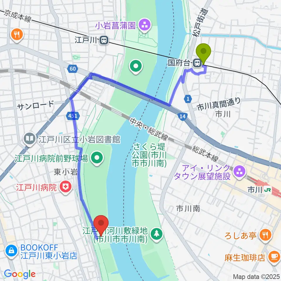 国府台駅から江戸川病院前スポーツ広場へのルートマップ地図