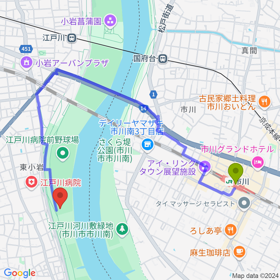 市川駅から東小岩少年野球場へのルートマップ地図