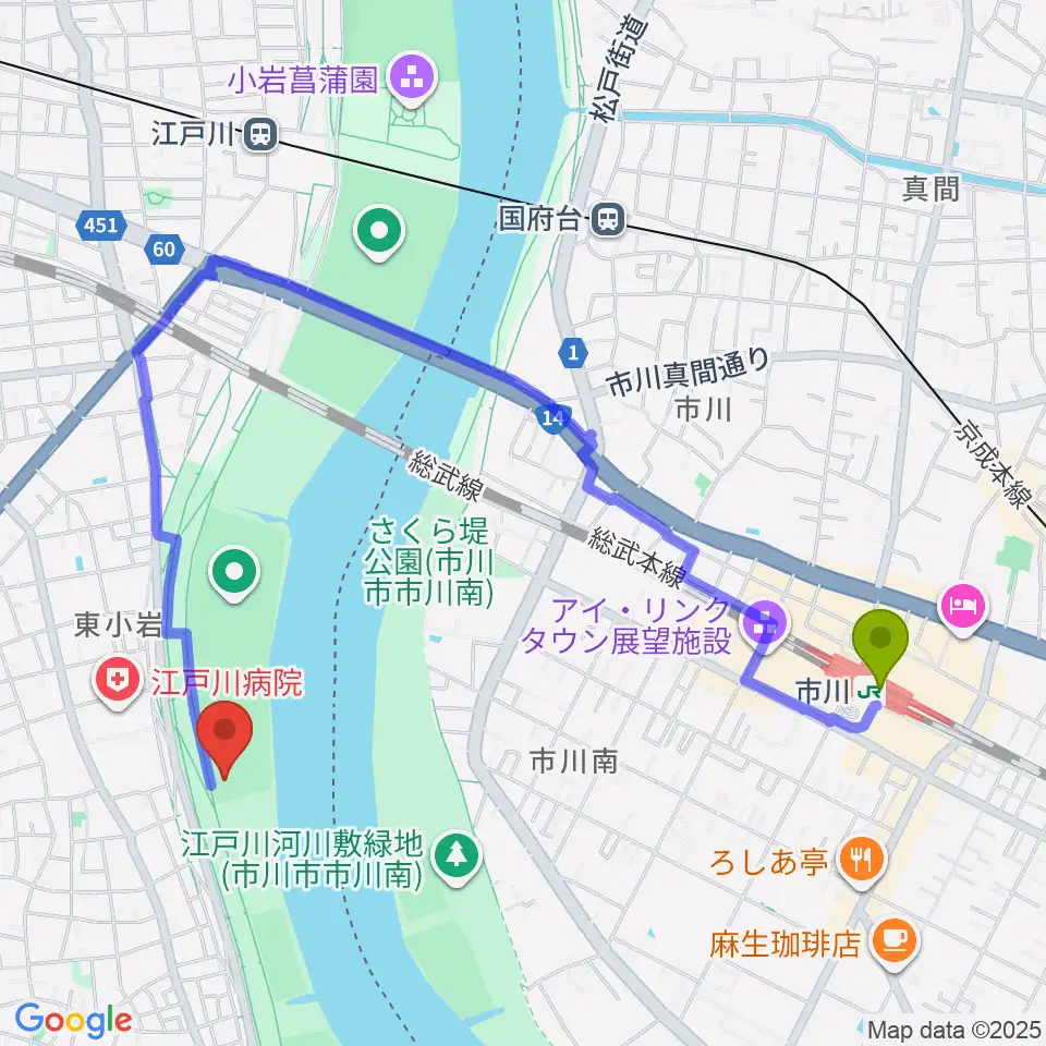 市川駅から東小岩少年野球場へのルートマップ地図