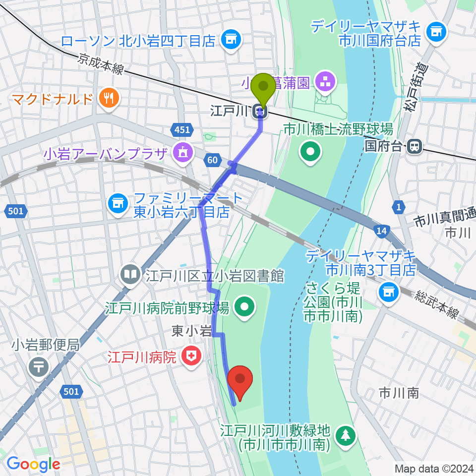 東小岩少年野球場の最寄駅江戸川駅からの徒歩ルート（約19分）地図