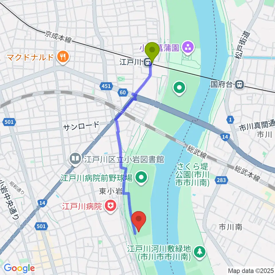 東小岩少年野球場の最寄駅江戸川駅からの徒歩ルート（約19分）地図