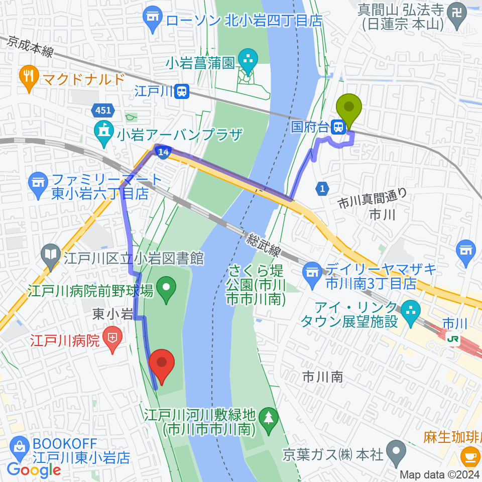 国府台駅から東小岩少年野球場へのルートマップ地図
