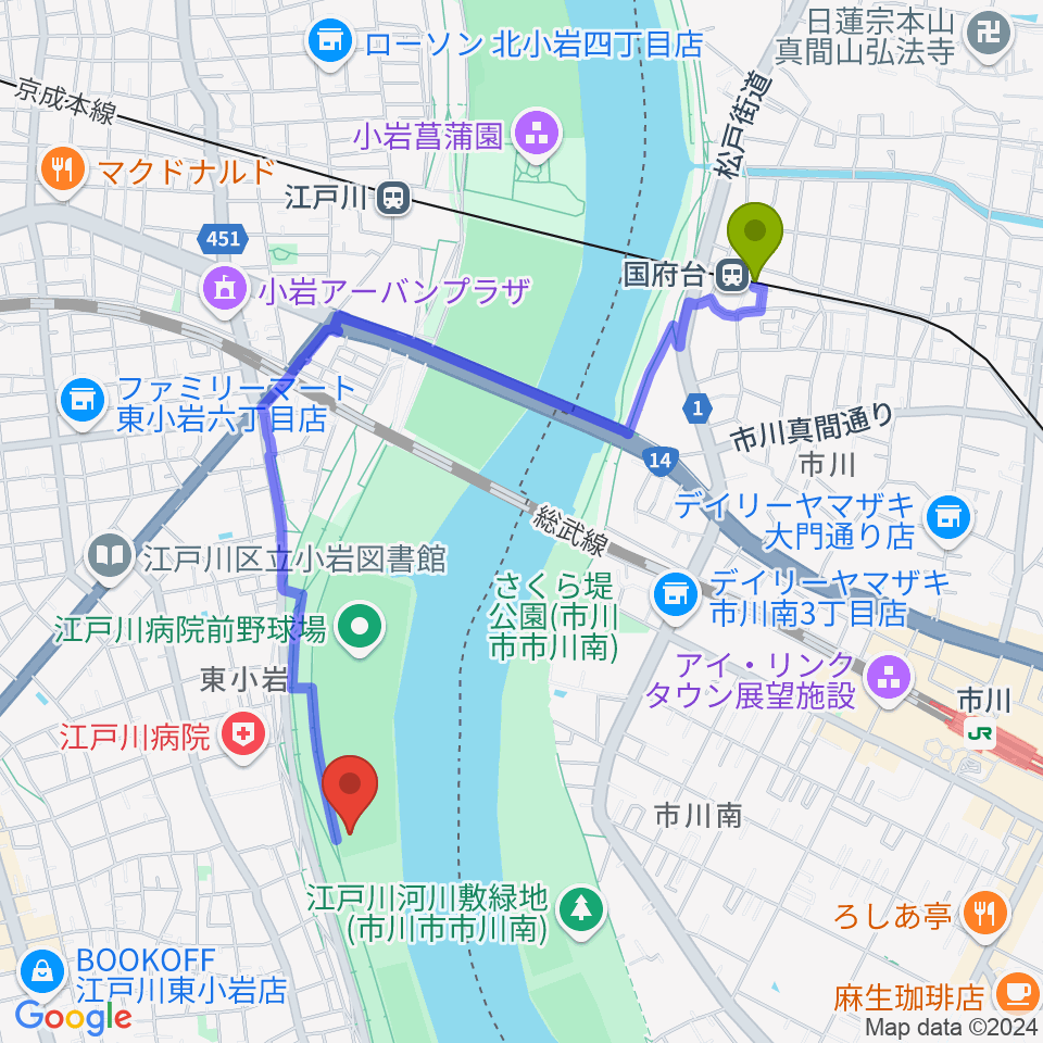 国府台駅から東小岩少年野球場へのルートマップ地図