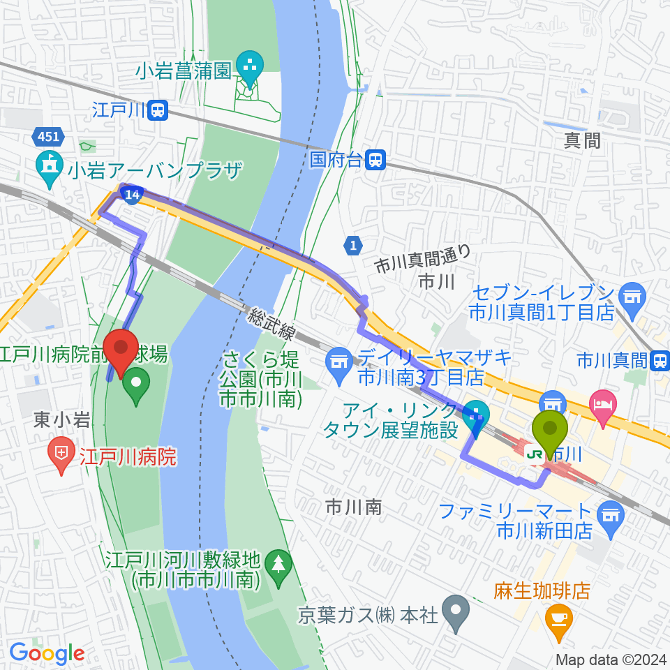 市川駅から江戸川病院前野球場へのルートマップ地図