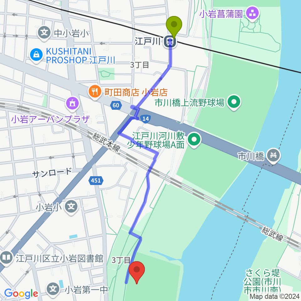 江戸川病院前野球場の最寄駅江戸川駅からの徒歩ルート（約13分）地図