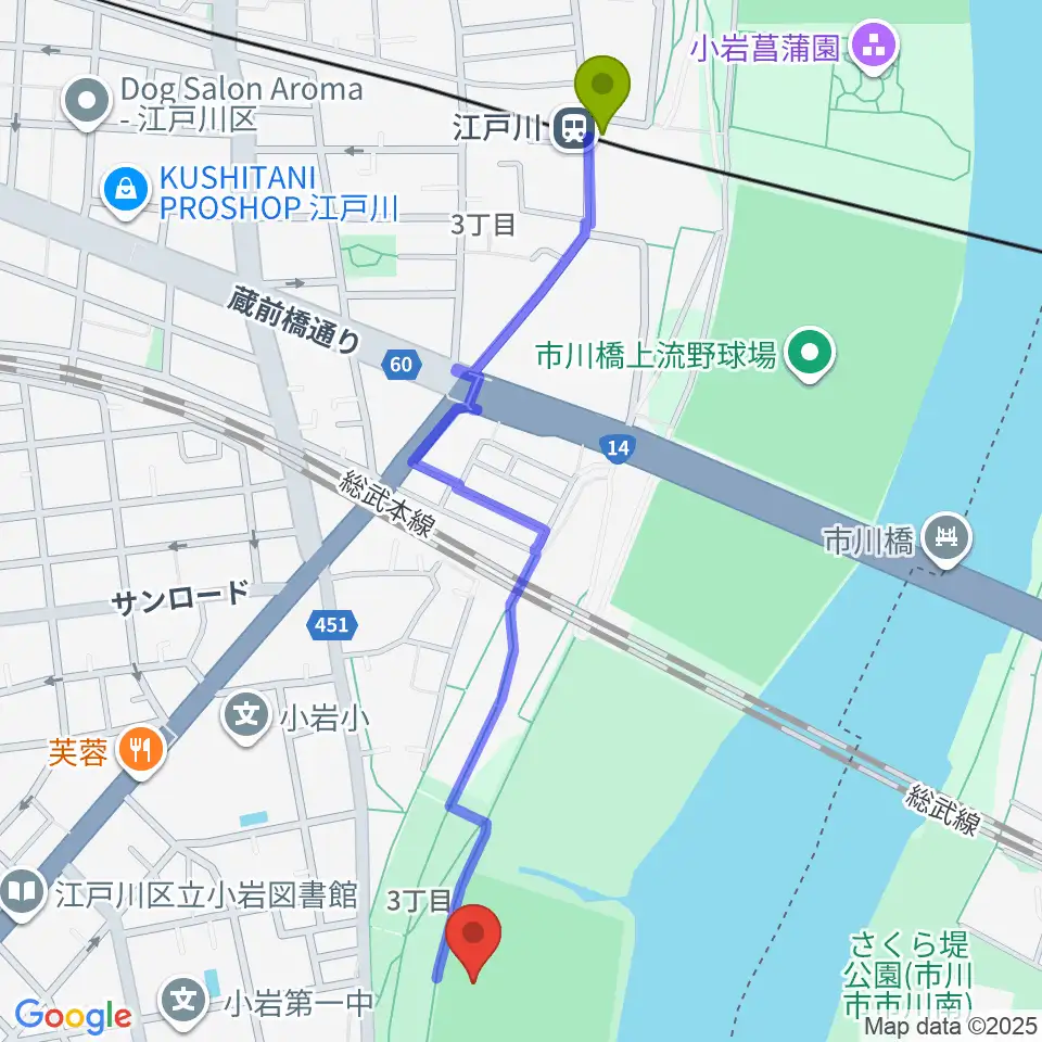 江戸川病院前野球場の最寄駅江戸川駅からの徒歩ルート（約13分）地図