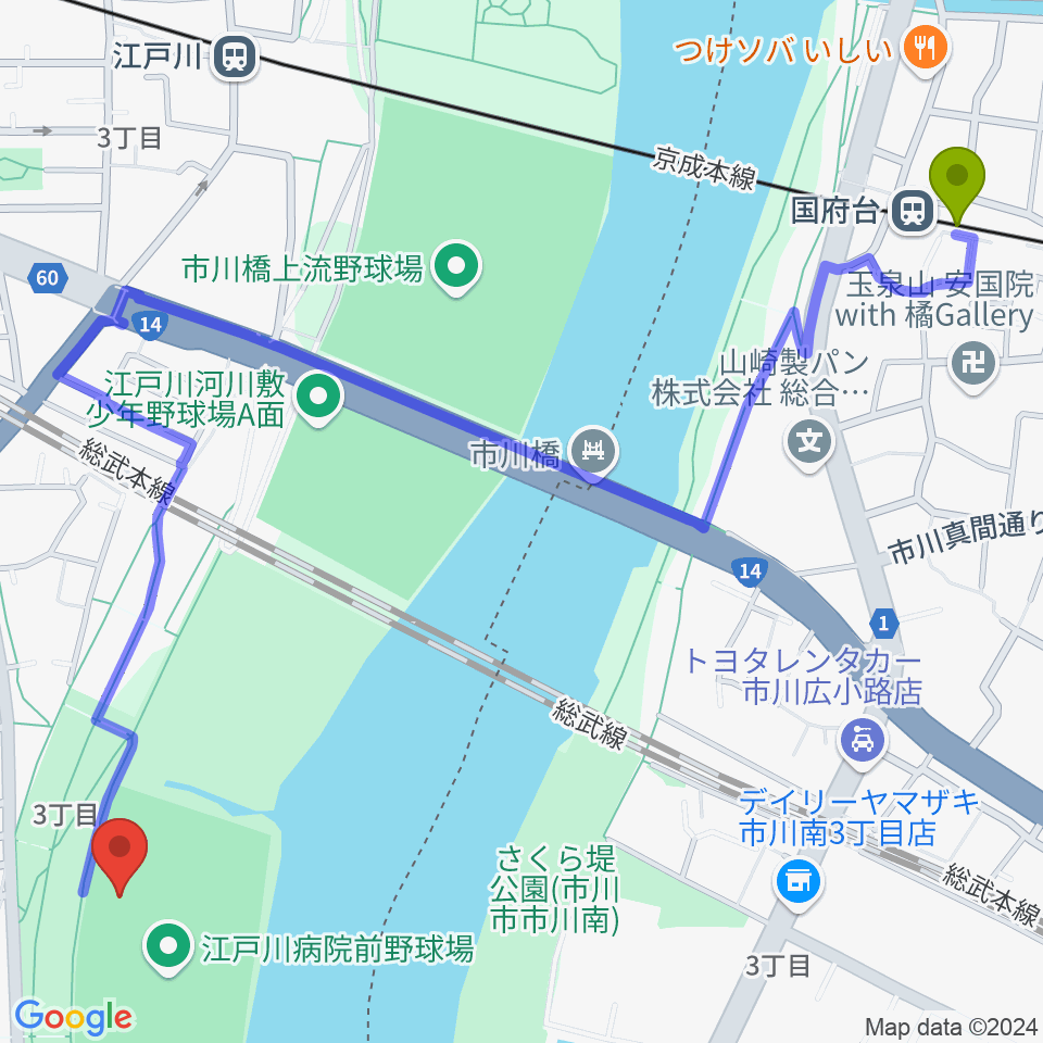 国府台駅から江戸川病院前野球場へのルートマップ地図