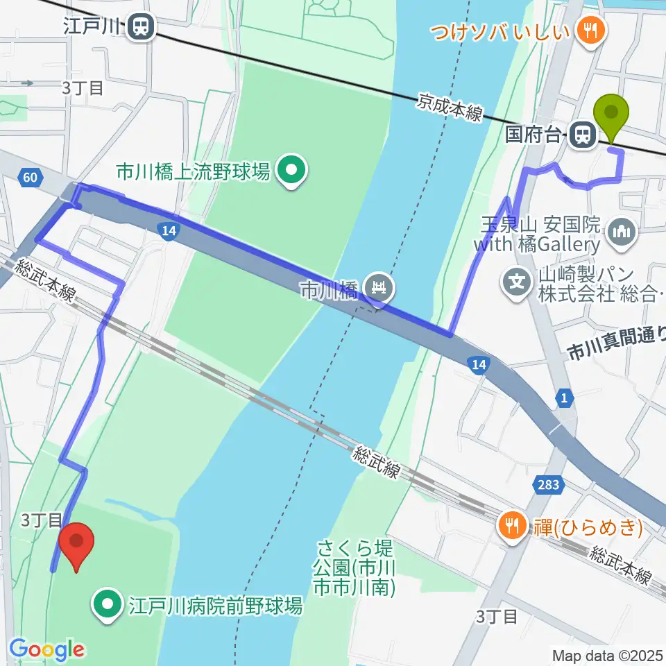 国府台駅から江戸川病院前野球場へのルートマップ地図