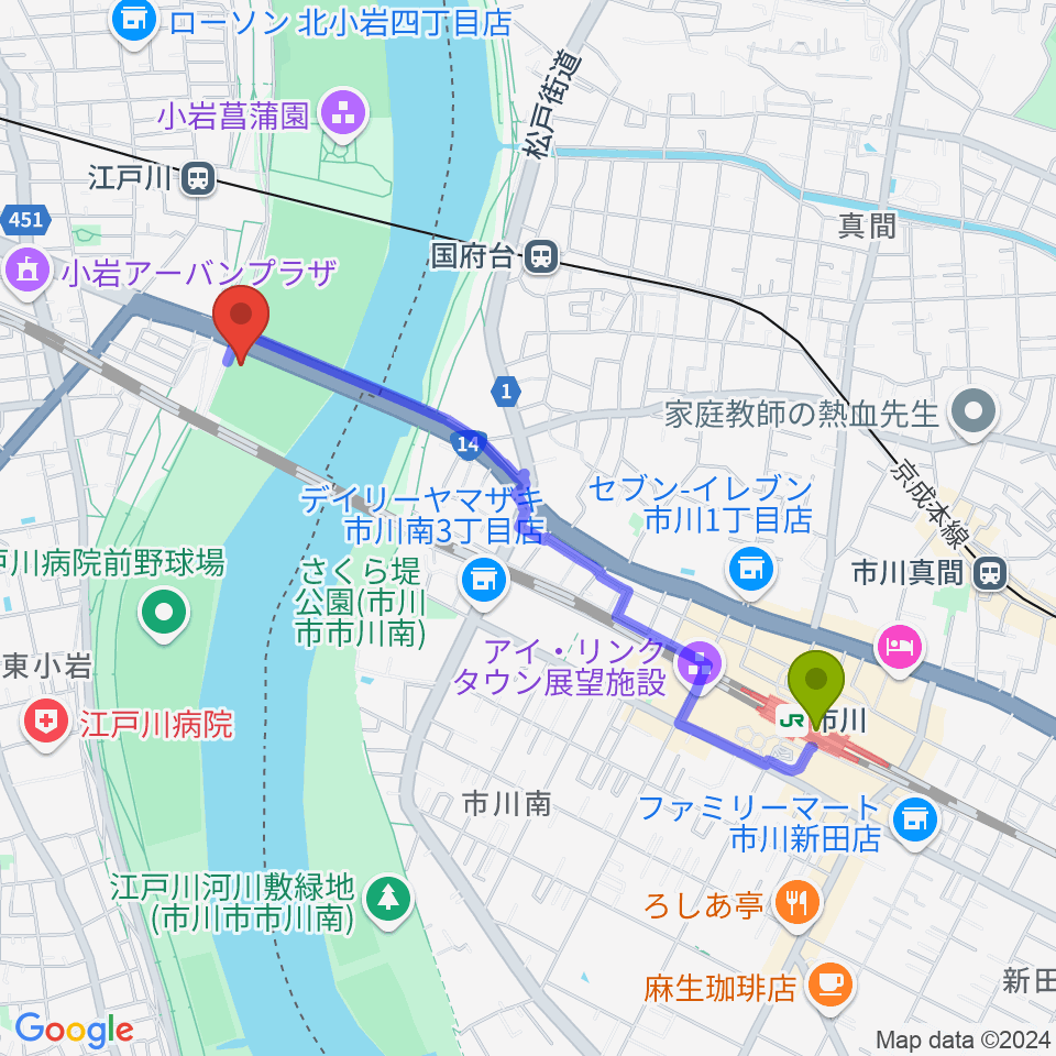 市川駅から北小岩少年野球場へのルートマップ地図