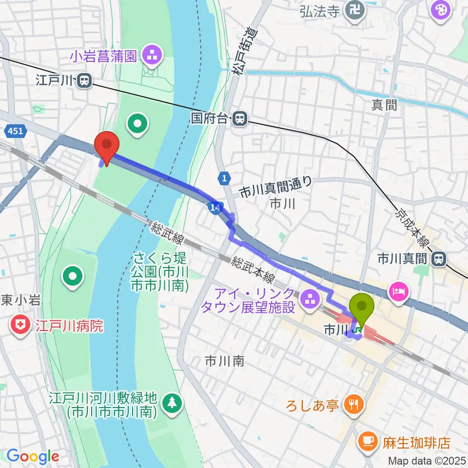 市川駅から北小岩少年野球場へのルートマップ地図