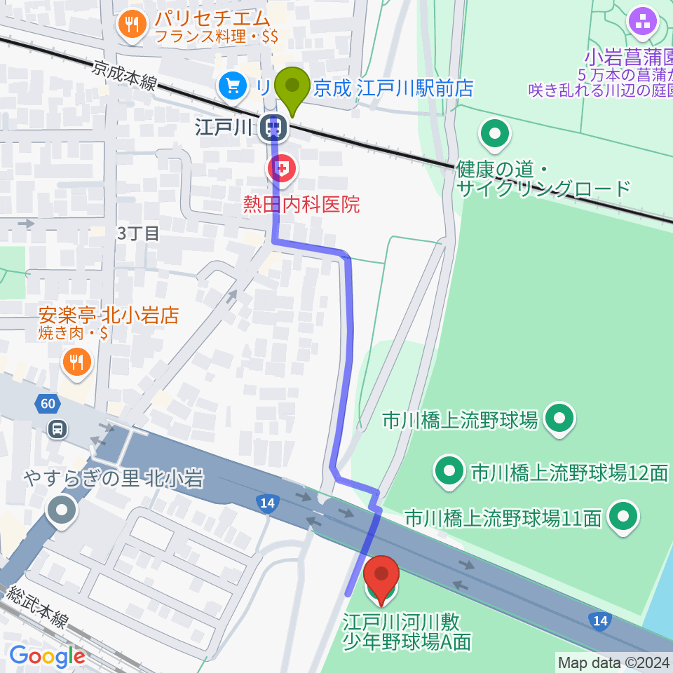 北小岩少年野球場の最寄駅江戸川駅からの徒歩ルート（約6分）地図