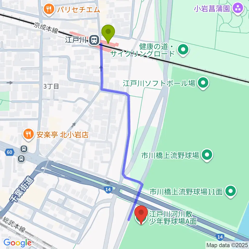 北小岩少年野球場の最寄駅江戸川駅からの徒歩ルート（約6分）地図