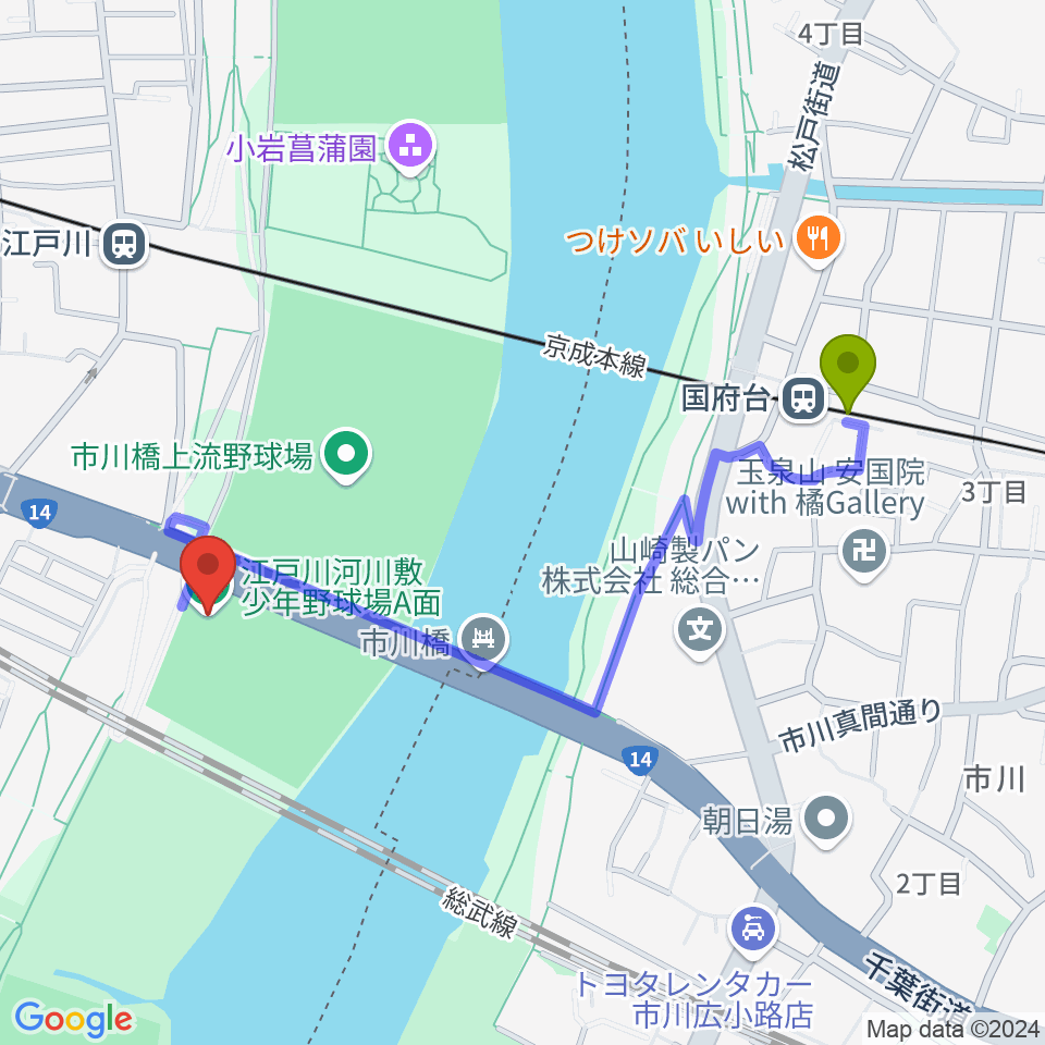 国府台駅から北小岩少年野球場へのルートマップ地図