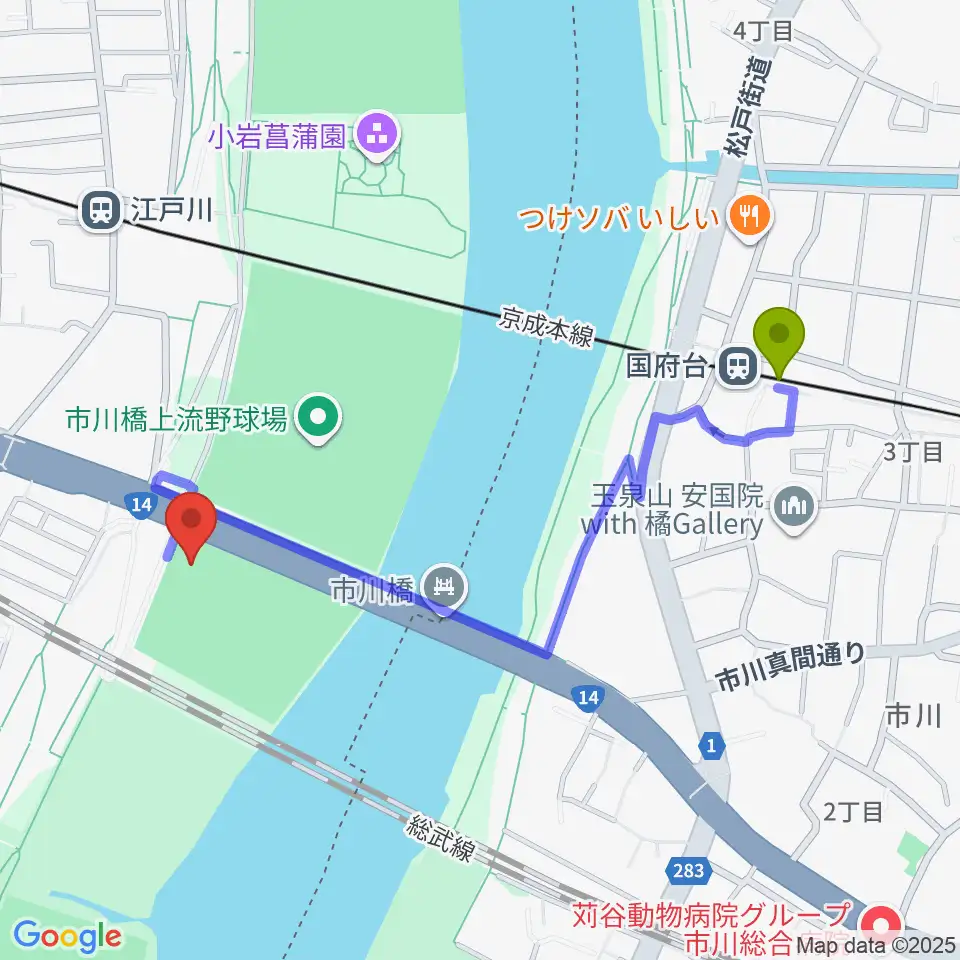 国府台駅から北小岩少年野球場へのルートマップ地図