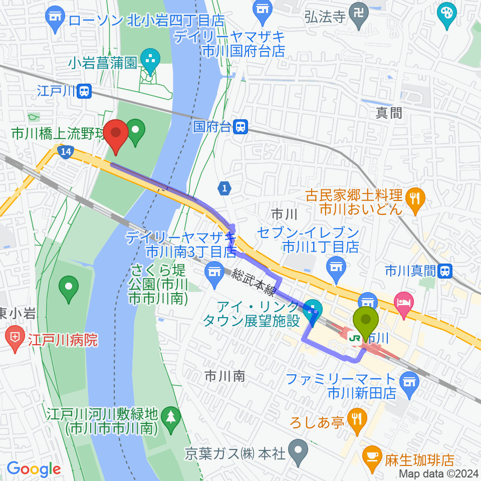 市川駅から市川橋上流野球場へのルートマップ地図