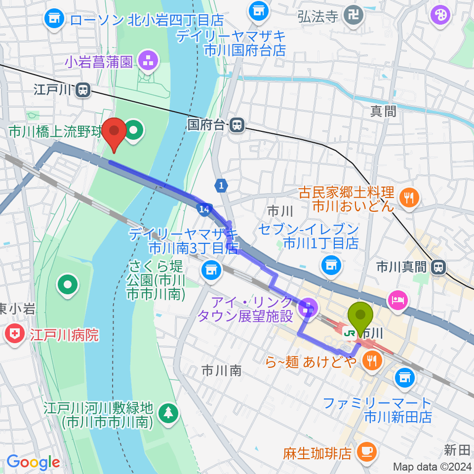 市川駅から市川橋上流野球場へのルートマップ地図