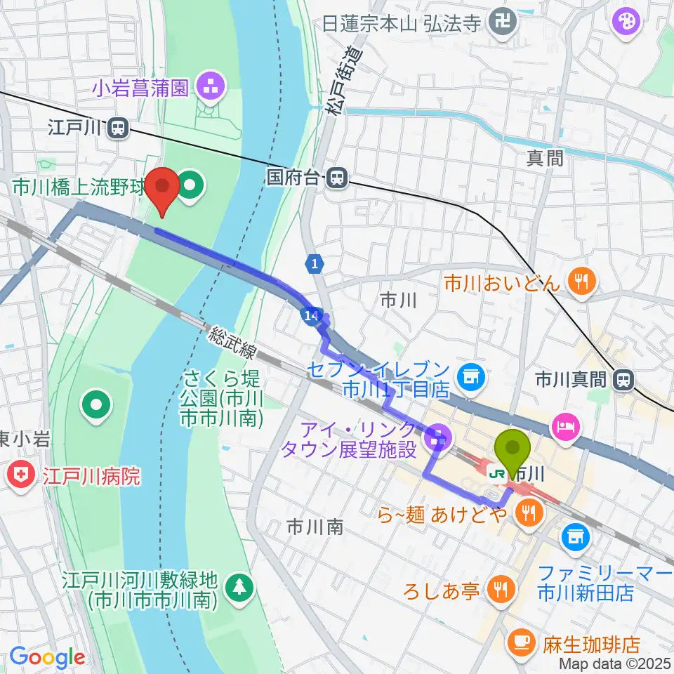 市川駅から市川橋上流野球場へのルートマップ地図