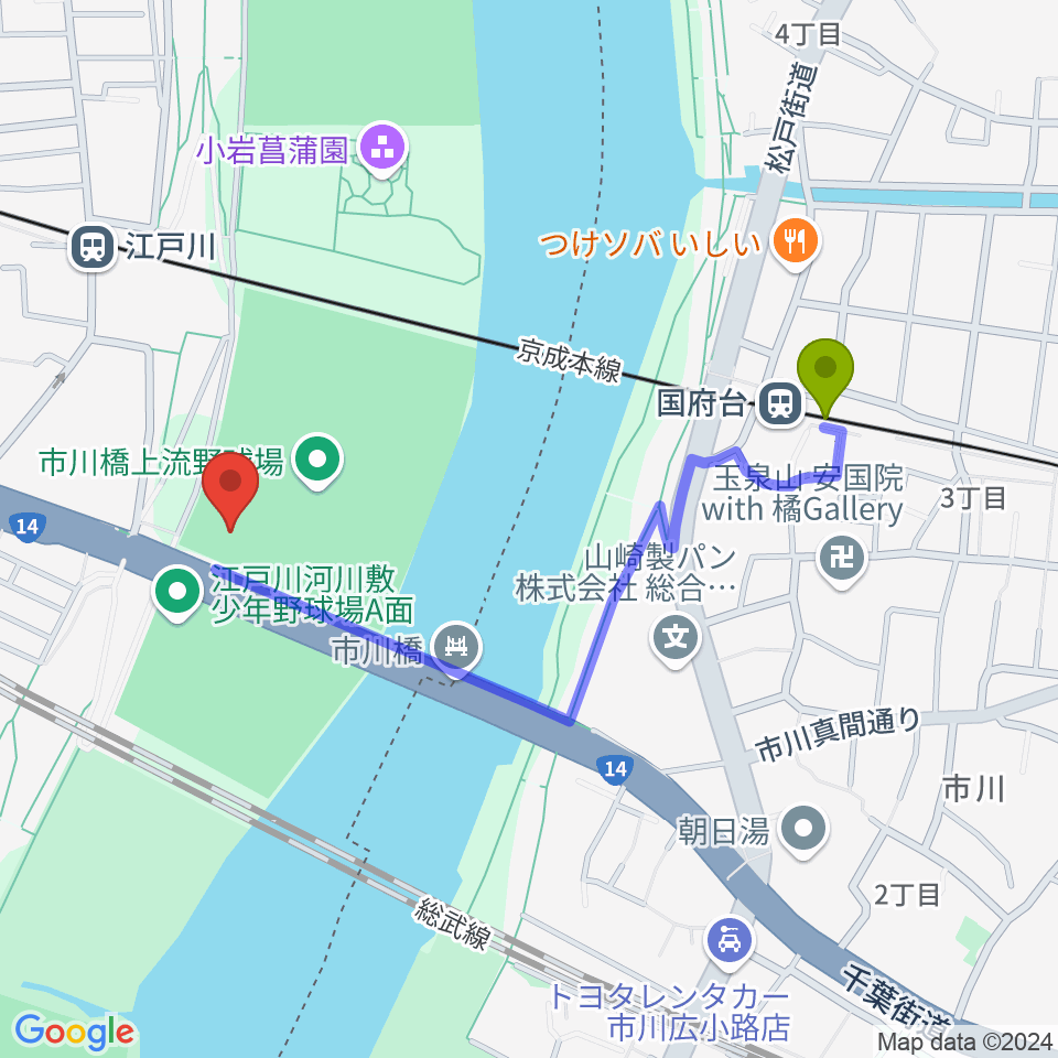 国府台駅から市川橋上流野球場へのルートマップ地図