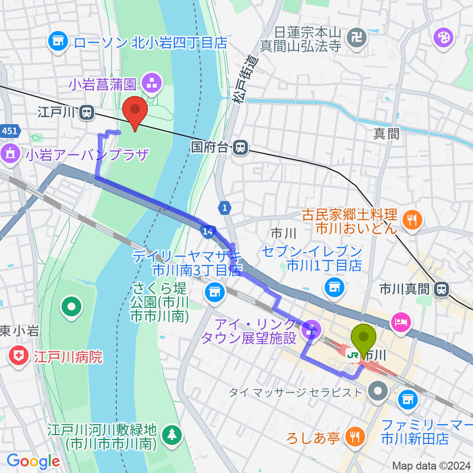 市川駅から江戸川ソフトボール場へのルートマップ地図