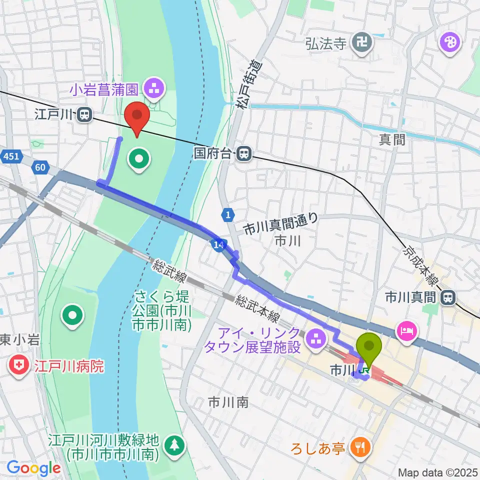 市川駅から江戸川ソフトボール場へのルートマップ地図