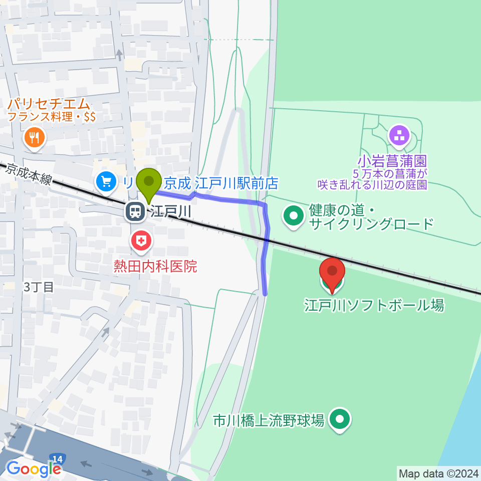 江戸川ソフトボール場の最寄駅江戸川駅からの徒歩ルート（約3分）地図