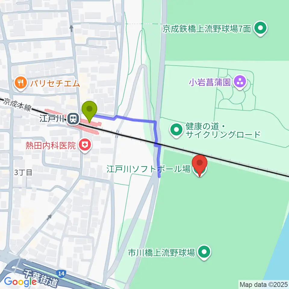 江戸川ソフトボール場の最寄駅江戸川駅からの徒歩ルート（約3分）地図