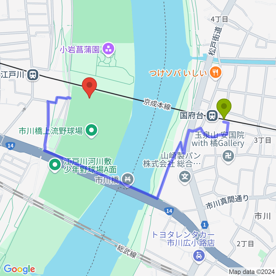 国府台駅から江戸川ソフトボール場へのルートマップ地図