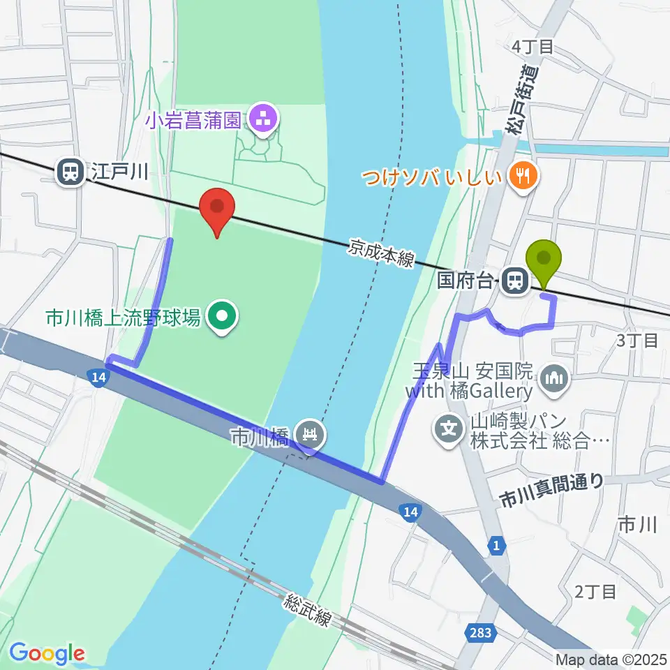 国府台駅から江戸川ソフトボール場へのルートマップ地図