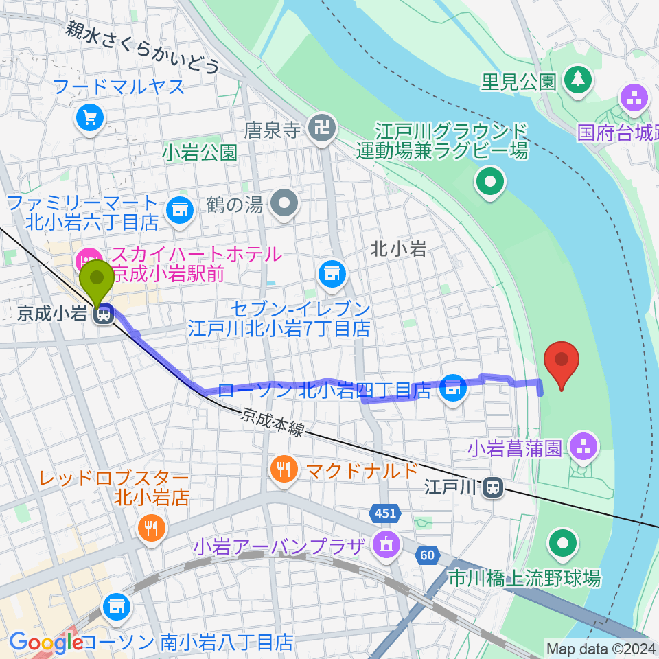 京成小岩駅から京成鉄橋上流野球場へのルートマップ地図