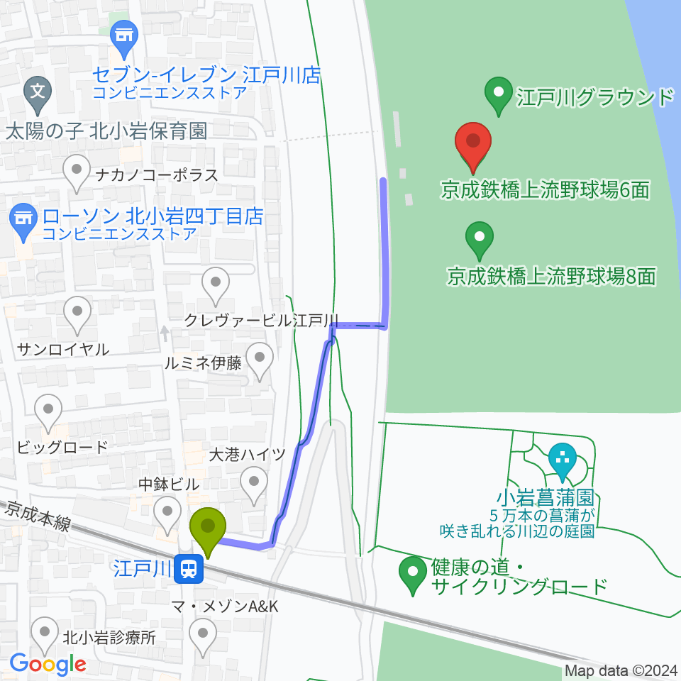 京成鉄橋上流野球場の最寄駅江戸川駅からの徒歩ルート（約5分）地図