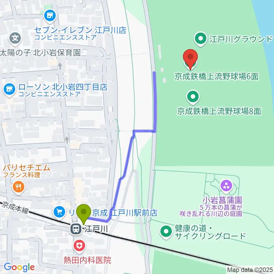 京成鉄橋上流野球場の最寄駅江戸川駅からの徒歩ルート（約5分）地図