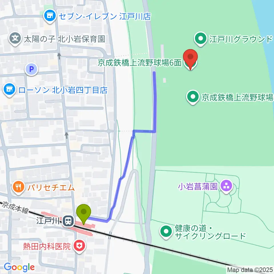 京成鉄橋上流野球場の最寄駅江戸川駅からの徒歩ルート（約5分）地図
