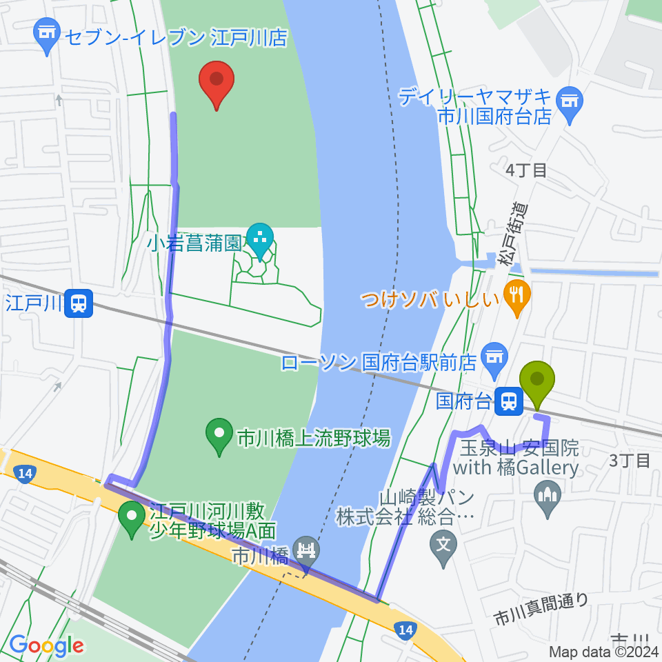 国府台駅から京成鉄橋上流野球場へのルートマップ地図