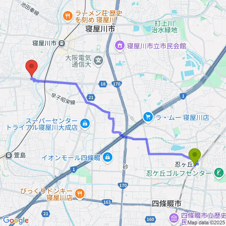 忍ケ丘駅からミュージックワークスへのルートマップ地図