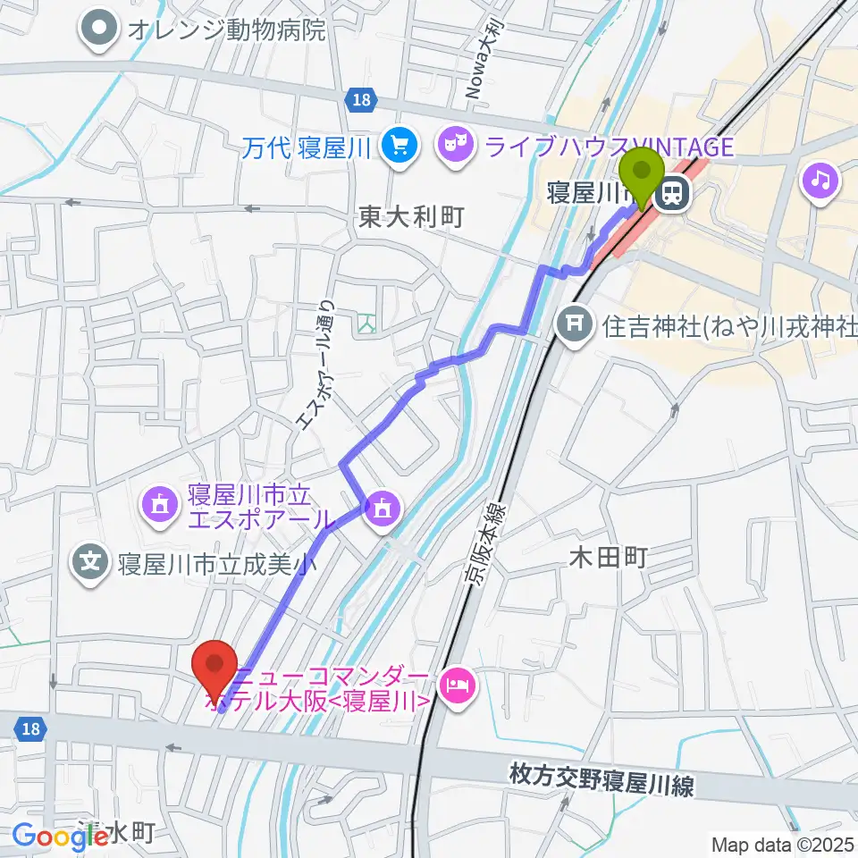 ミュージックワークスの最寄駅寝屋川市駅からの徒歩ルート（約12分）地図