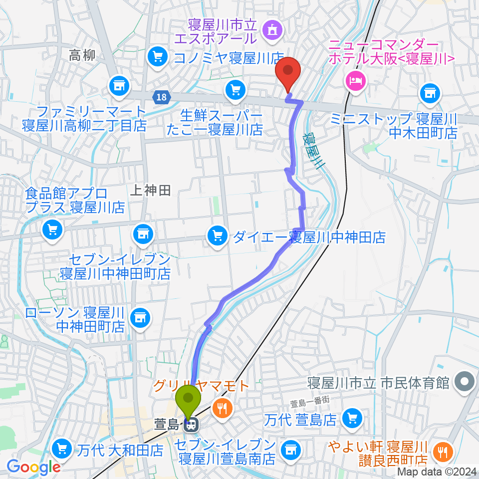 萱島駅からミュージックワークスへのルートマップ地図