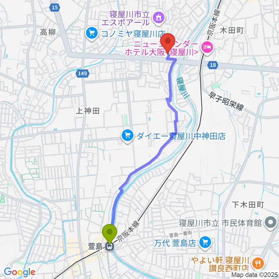 萱島駅からミュージックワークスへのルートマップ地図