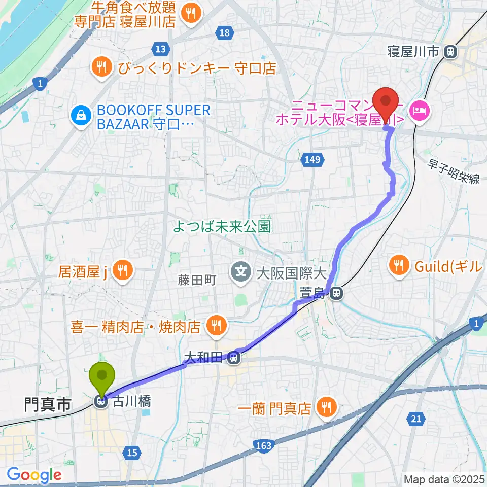 古川橋駅からミュージックワークスへのルートマップ地図