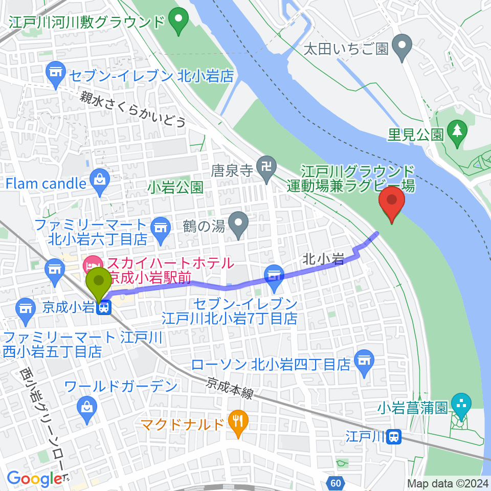 京成小岩駅から江戸川運動場兼ラグビー場へのルートマップ地図