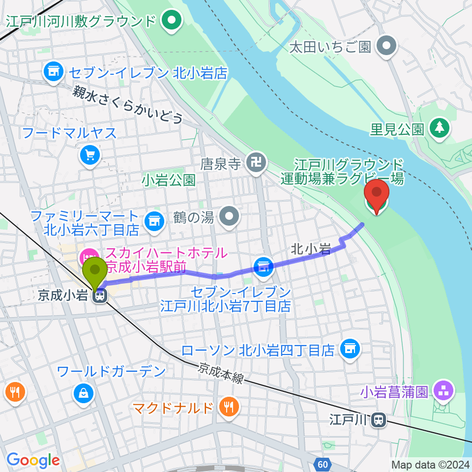 京成小岩駅から江戸川運動場兼ラグビー場へのルートマップ地図