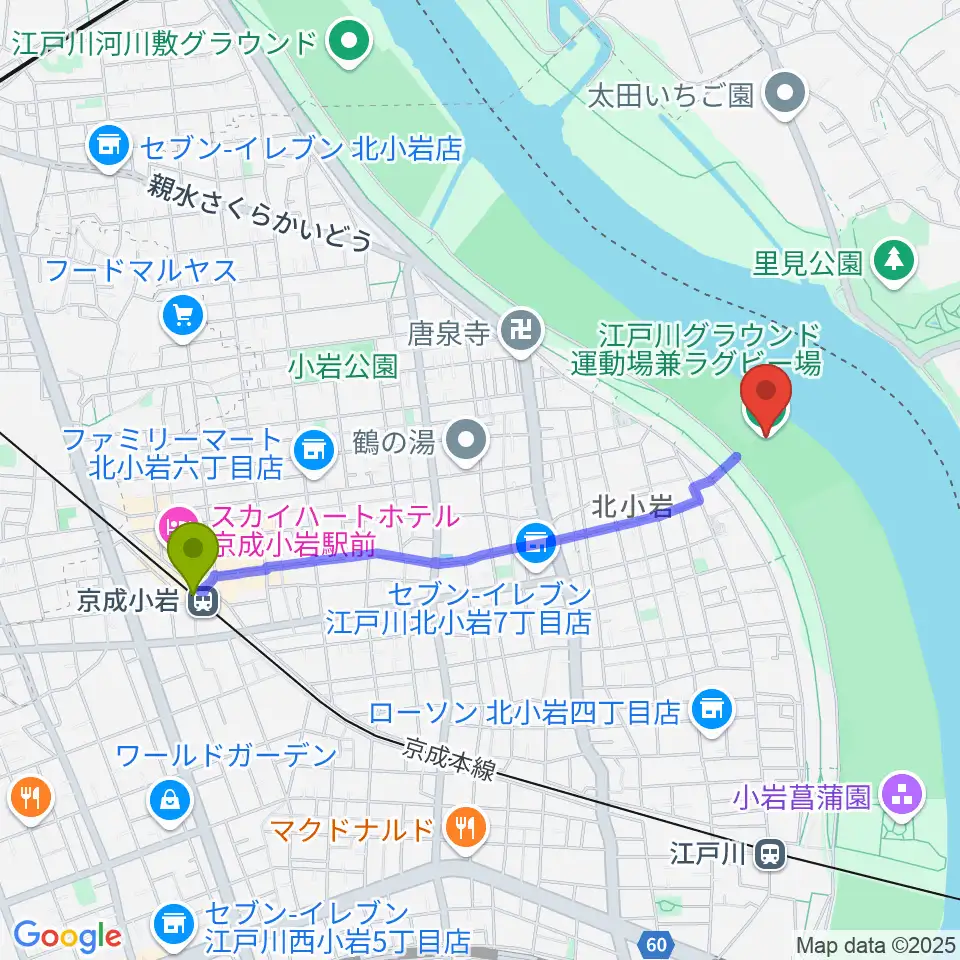 京成小岩駅から江戸川運動場兼ラグビー場へのルートマップ地図