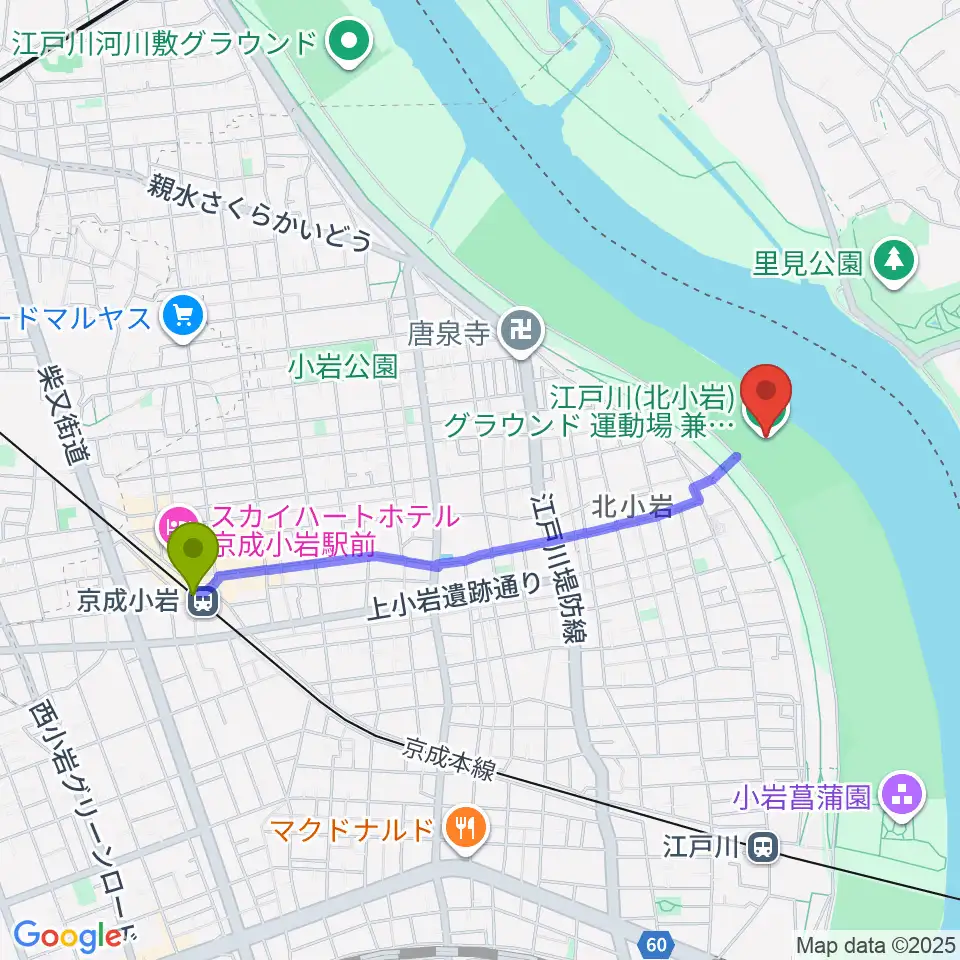 京成小岩駅から江戸川運動場兼ラグビー場へのルートマップ地図