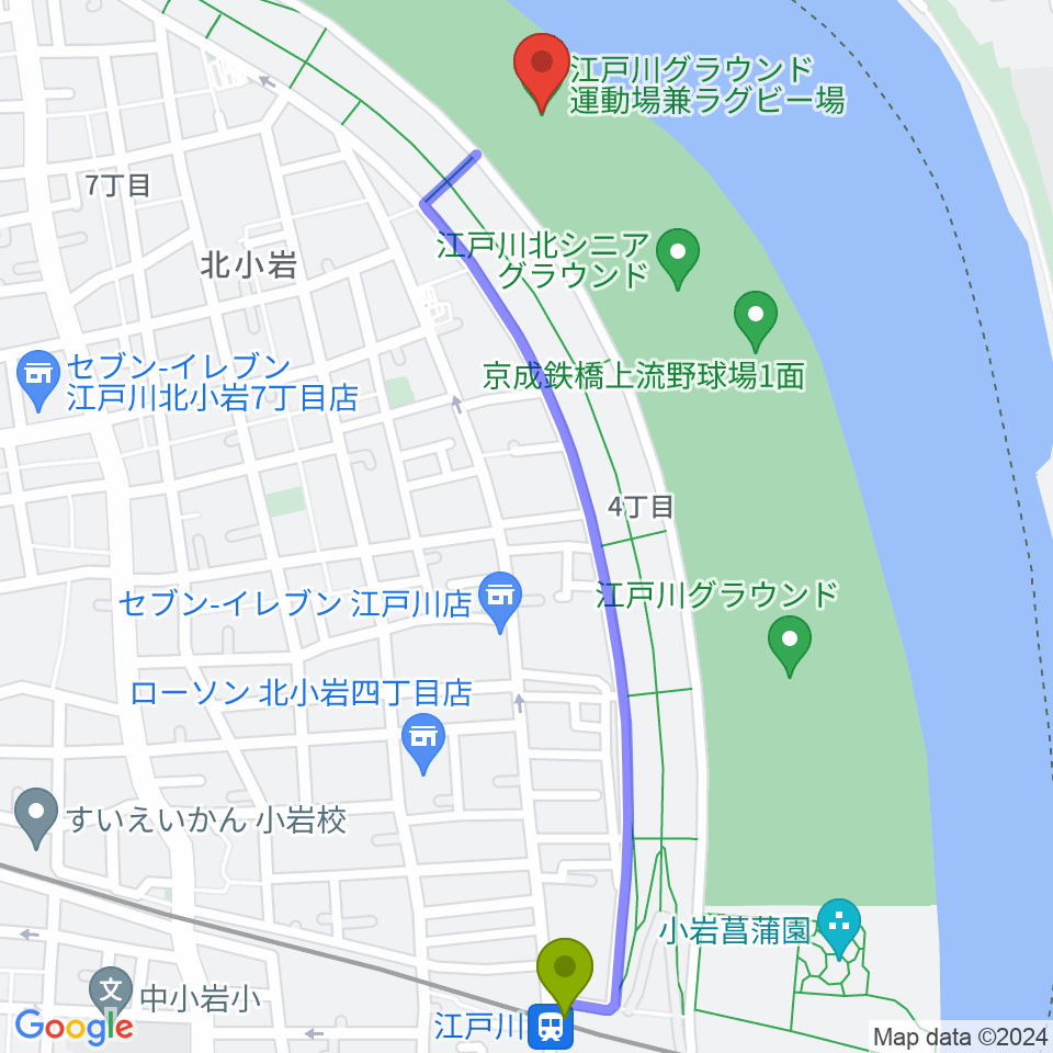 江戸川運動場兼ラグビー場の最寄駅江戸川駅からの徒歩ルート（約13分）地図