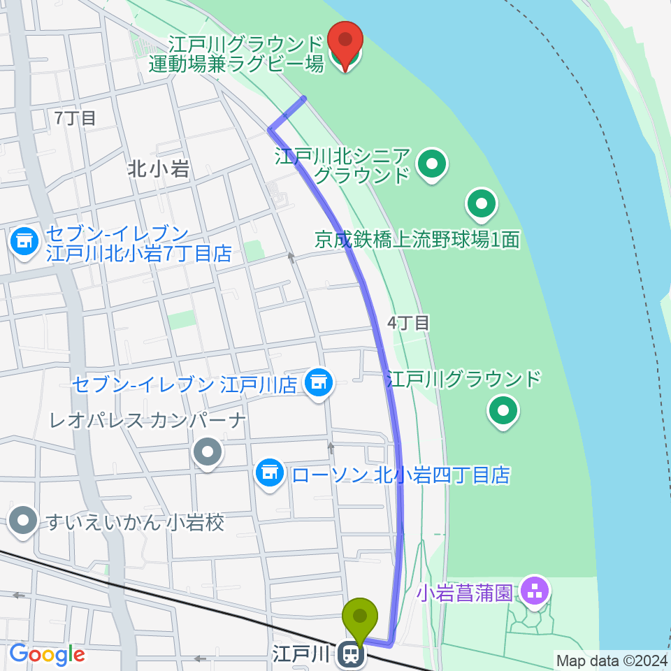 江戸川運動場兼ラグビー場の最寄駅江戸川駅からの徒歩ルート（約13分）地図